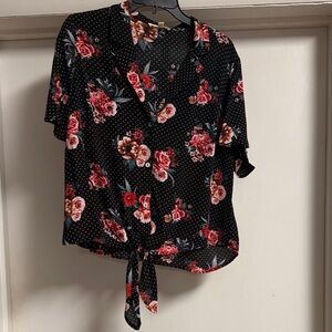 Monteau Black Floral Tie-Front Blouse